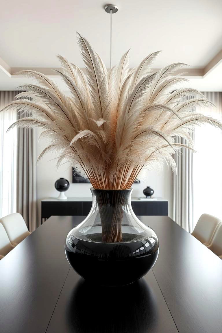 Statement Vase with Tall Feathers - 24 Dining Table Centerpiece Ideas