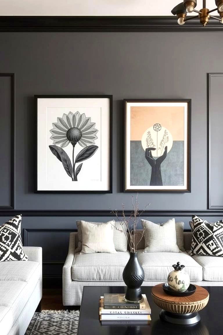 Statement Wall Art Integration - 24 living room grey walls black trim