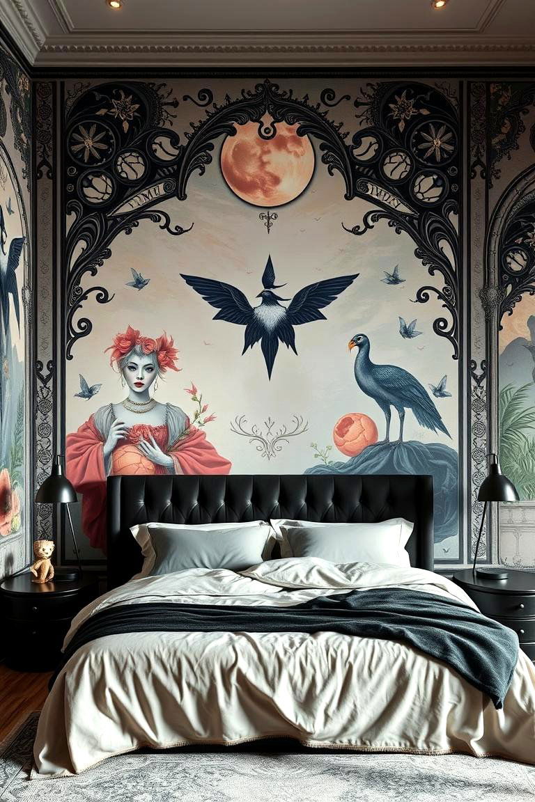 Statement Walls with Artful Murals - 24 pastel goth bedroom ideas