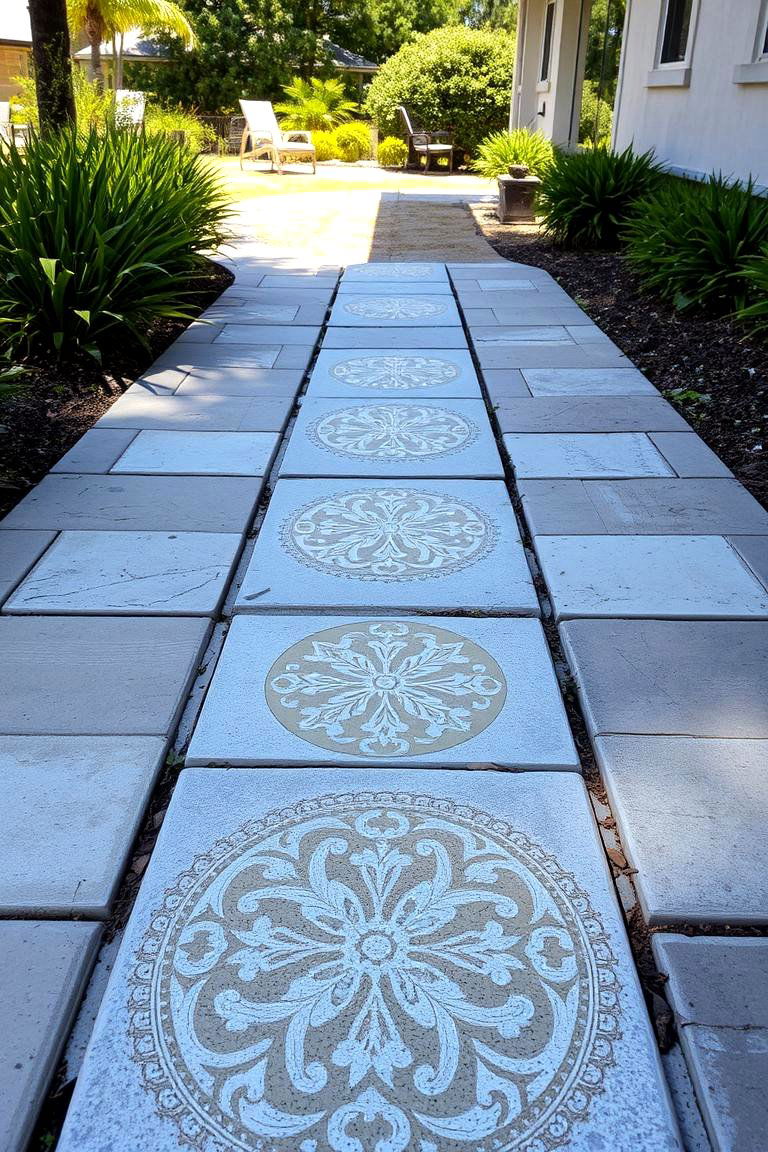 Stenciled Artistic Designs - 24 Concrete Paver Walkway Ideas