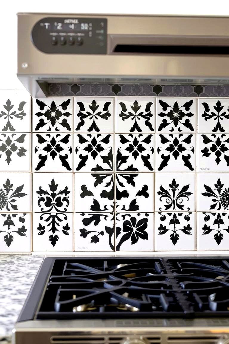 Stenciled Artistic Flair - 24 Black and White Kitchen Backsplash Ideas