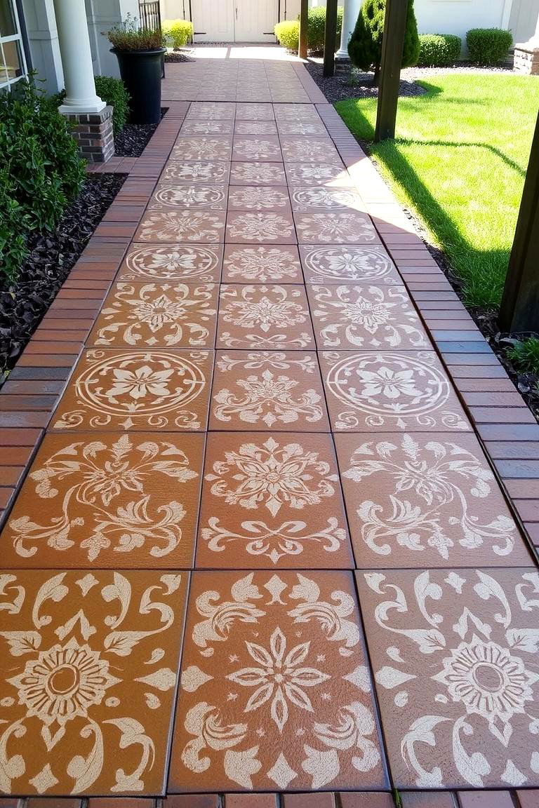 Stenciled Patterned Concrete Walkway - 24 Concrete Walkway Ideas