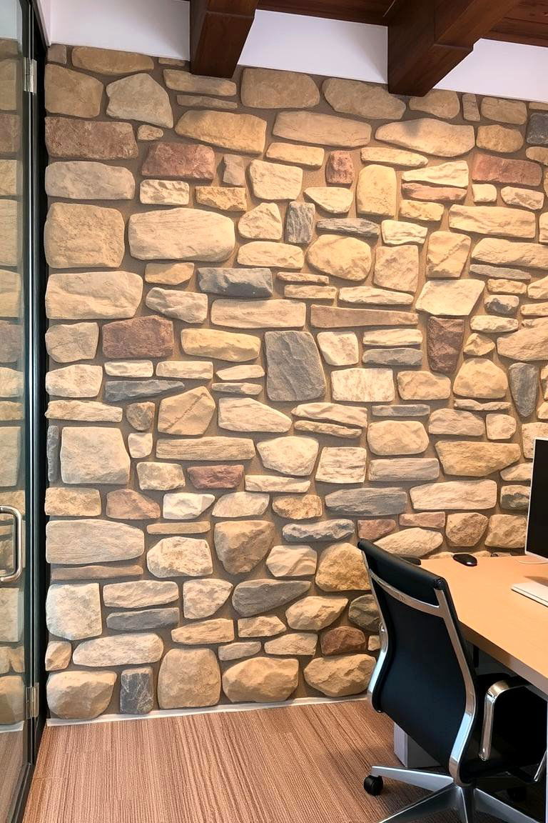 Stone Accent Wall - 24 Rustic Home Office Ideas