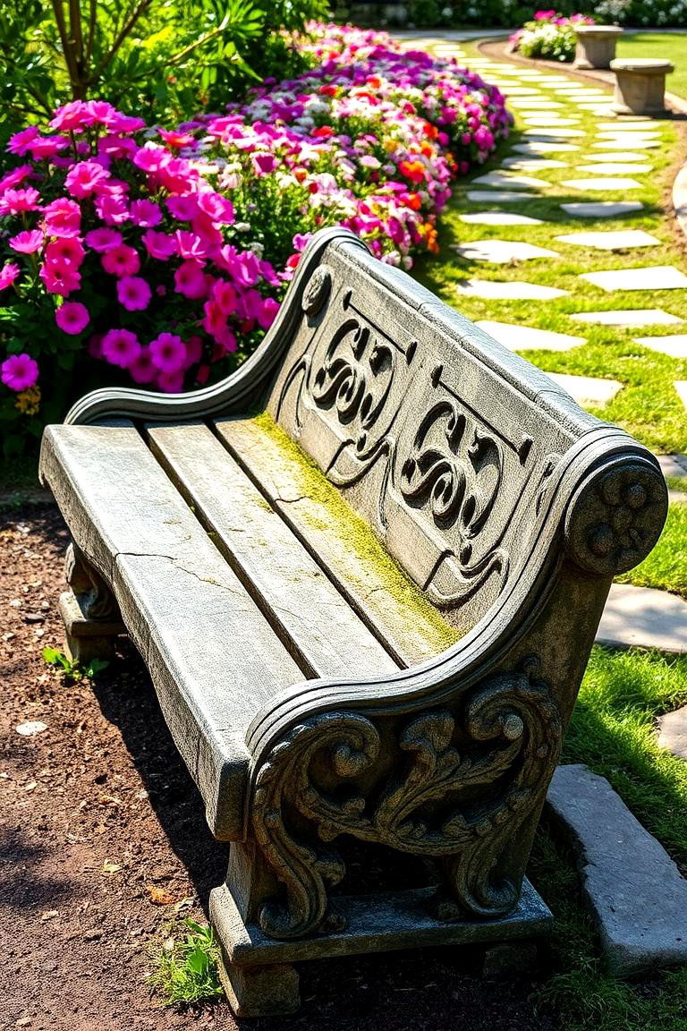 Stone Bench with Decorative Carvings - 24 Garden Bench Ideas
