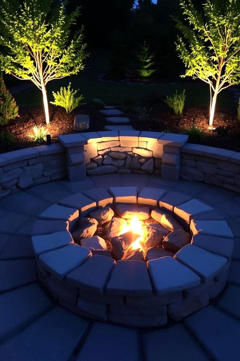 Stone Fire Pit with Landscape Lighting - 24 Stone Fire Pit Ideas