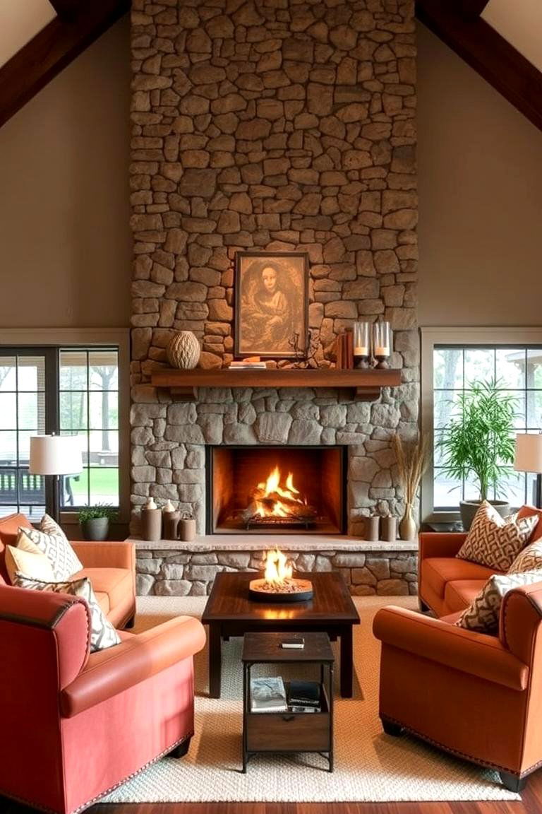 Stone Fireplace Feature - 24 Barndominium Interior Ideas