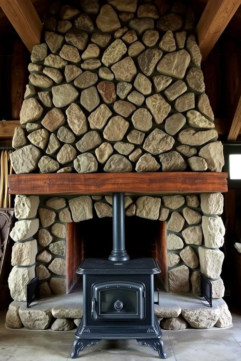Stone Fireplace or Wood Burning Stove - 24 Rustic Garage Ideas