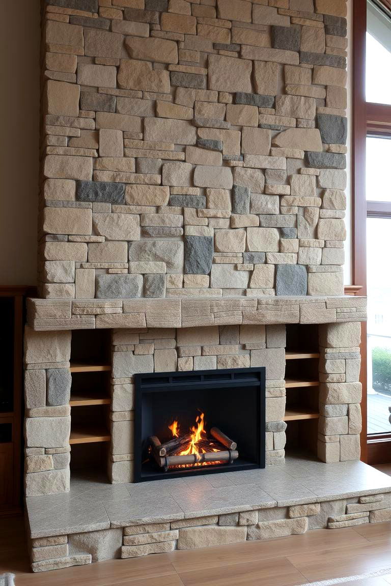 Stone Fireplace with Integrated Shelves - 24 Stone Fireplace Ideas