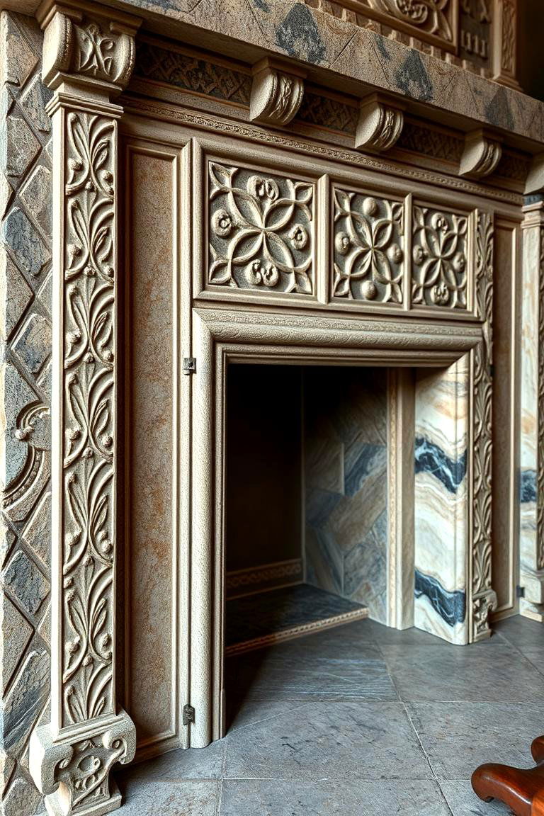 Stone Fireplace with Intricate Patterns - 24 Stone Fireplace Ideas