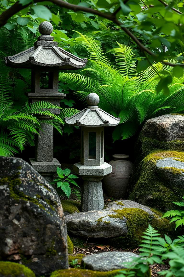 Stone Lantern Accents in Greenery - 24 Shade Garden Design Ideas