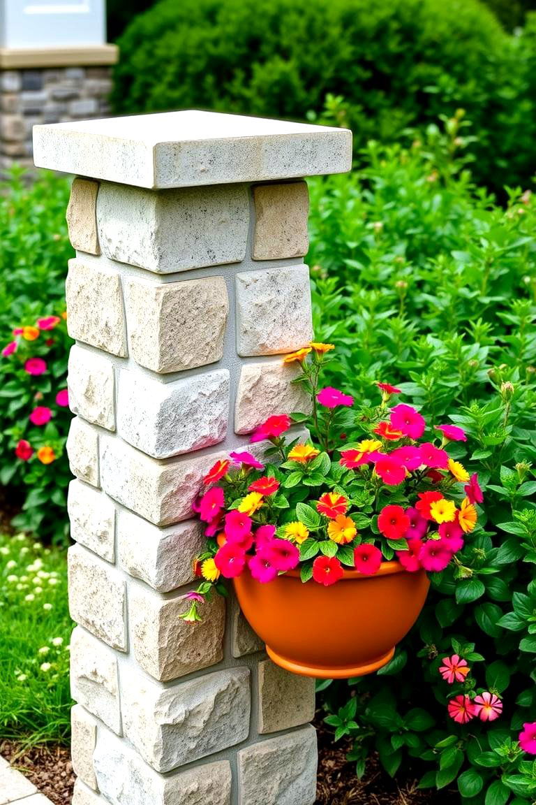 Stone Pillar Mailbox with Integrated Planter - 24 Mailbox Post Ideas