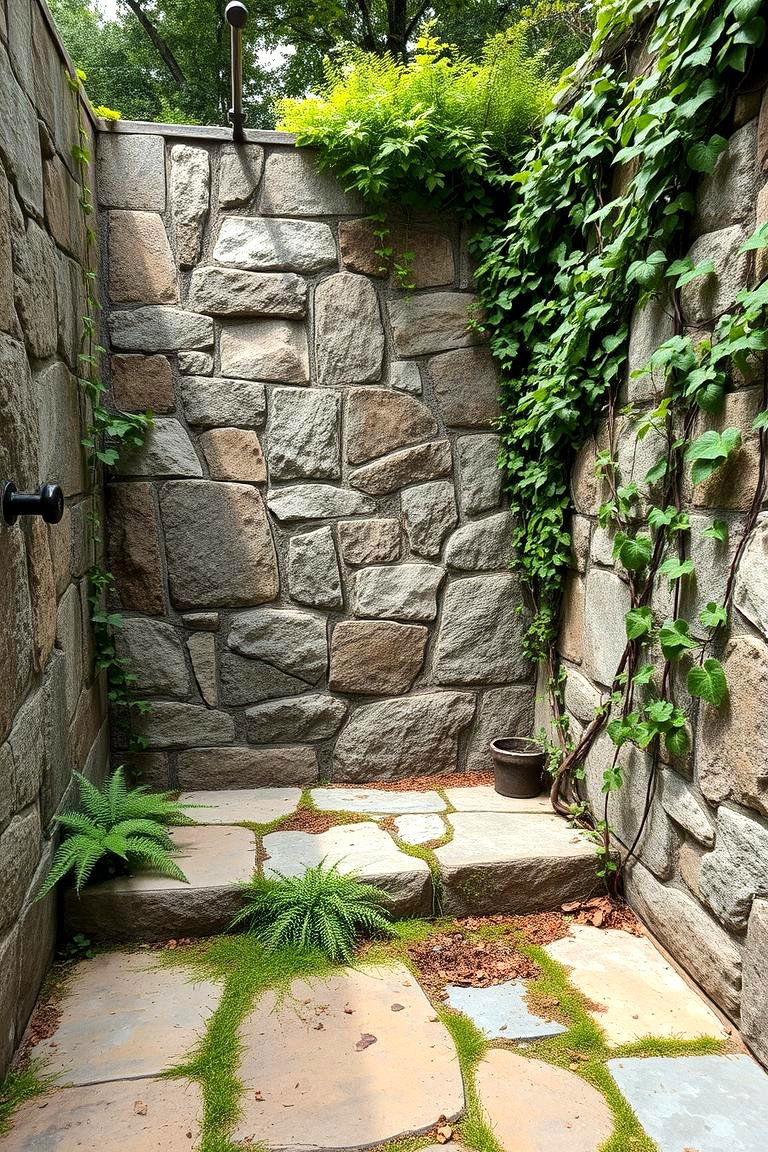 Stone Slab Shower with Natural Backdrop - 24 Outdoor Bathroom Ideas