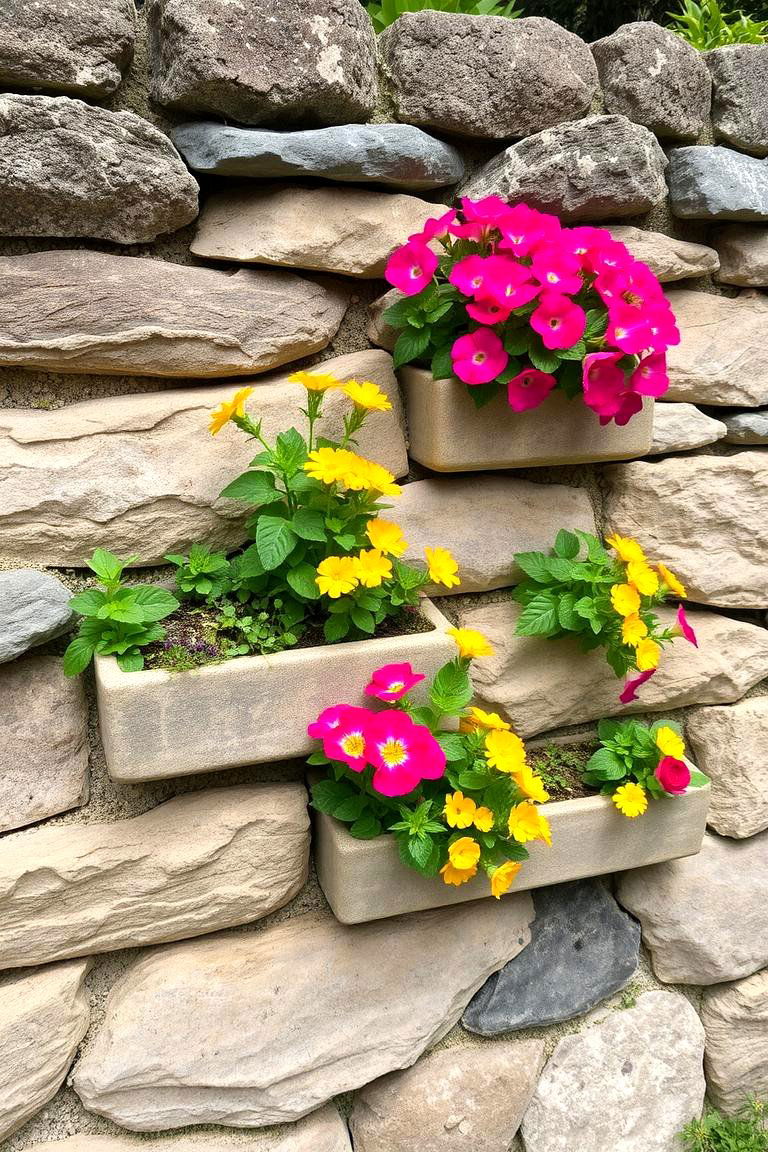 Stone Wall with Built in Planters - 24 Stone Wall Ideas