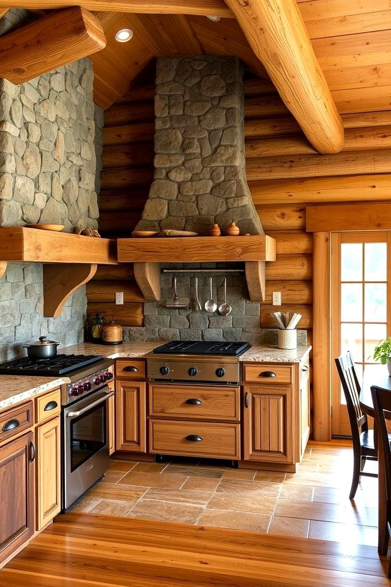 Stone and Log Integration - 24 Log Cabin Kitchen Design Ideas