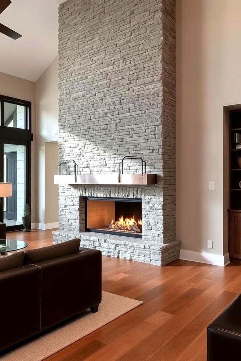 Stone and Metal Fusion - 24 Floor to Ceiling Stone Fireplace Ideas