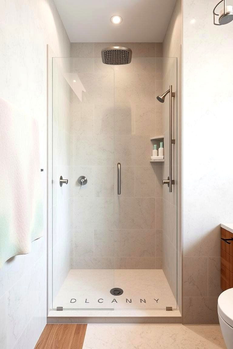 Stone and Wood Combination Walls - 24 Rustic Walk-in Shower Ideas