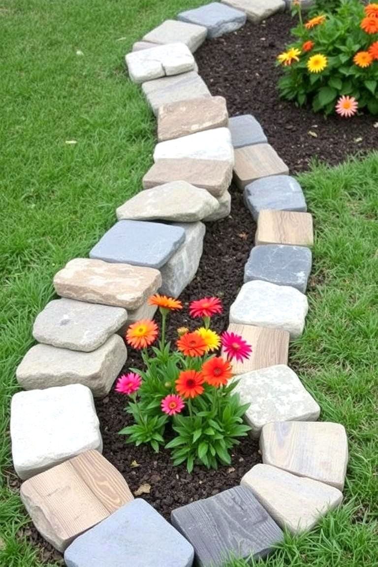 Stone and Wooden Edging Combination - 24 Stone Garden Edging Ideas