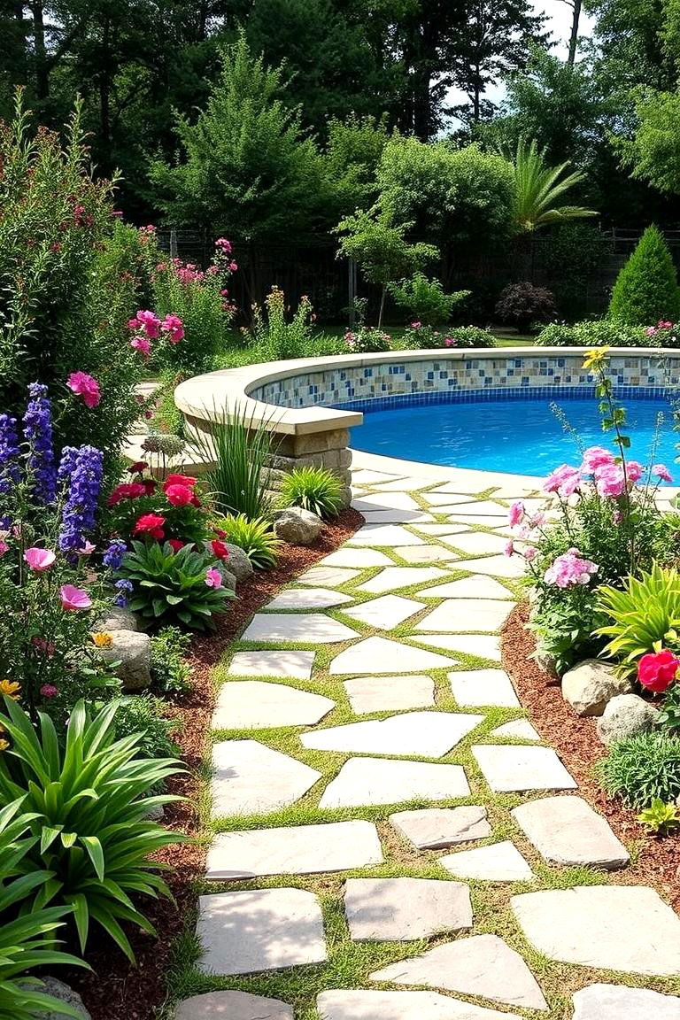 Stone or Brick Pathway Leading to the Pool - 24 Above Ground Pool Landscaping Ideas