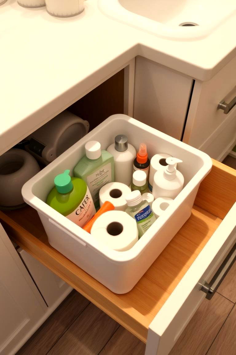 Store Extra Bathroom Products in Large Bins - 24 Bathroom Drawer Organization Ideas