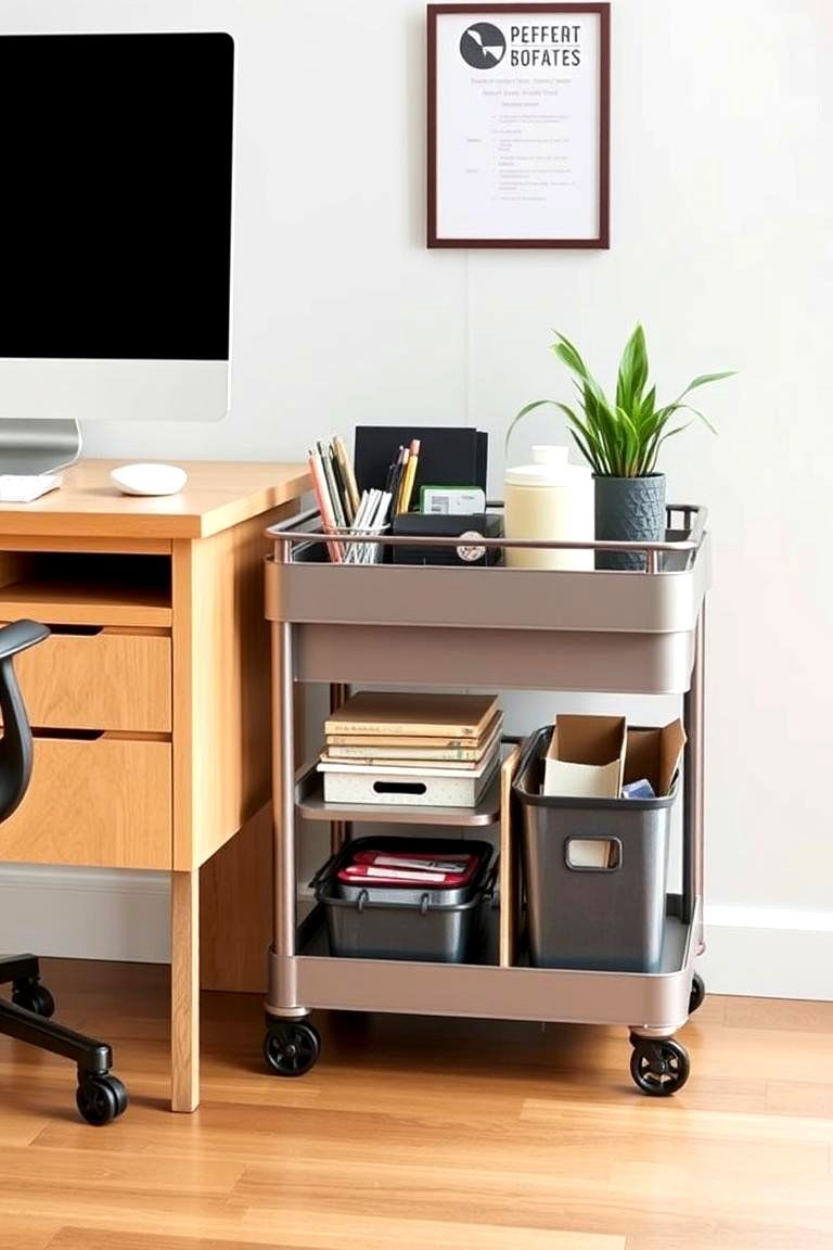 Store Extra Supplies in a Rolling Cart - 24 Desk Organization Ideas