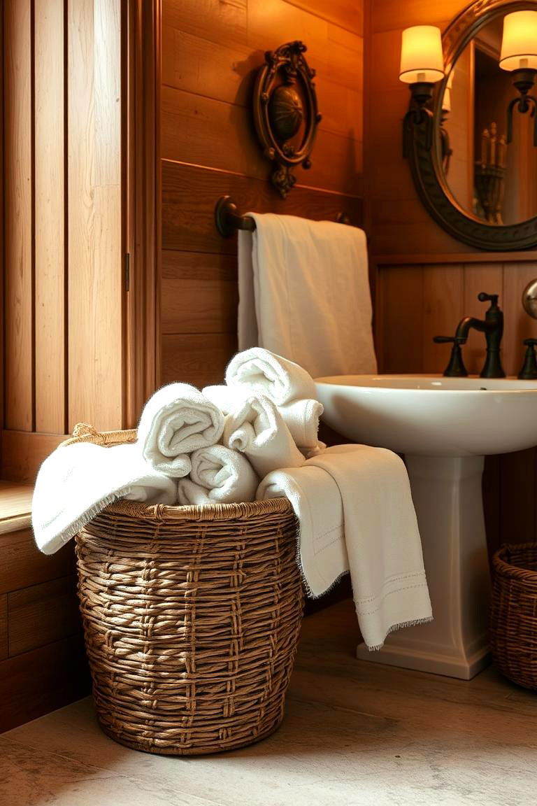 Store Towels in a Decorative Basket - 24 Bathroom Counter Organization Ideas