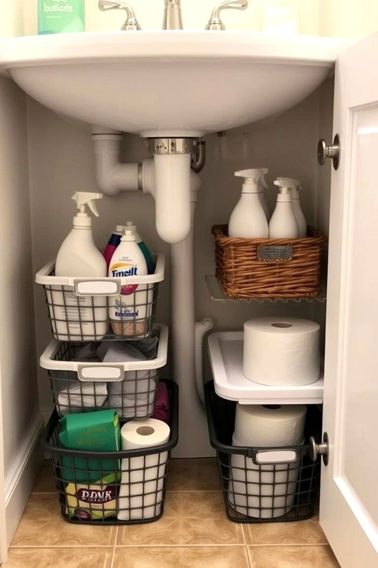 Store Under Sink Items in Bins - 24 Bathroom Organization Ideas