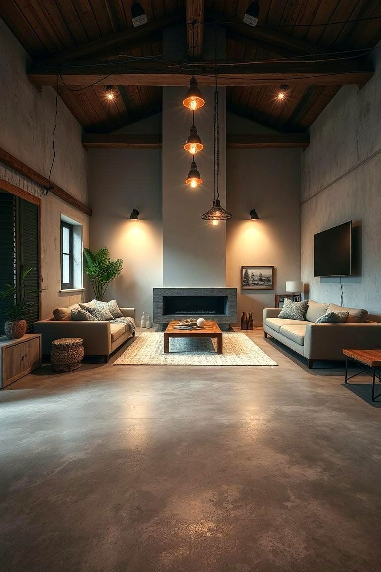Strategic Lighting Glow - 24 Rustic Concrete Floor Living Room Ideas