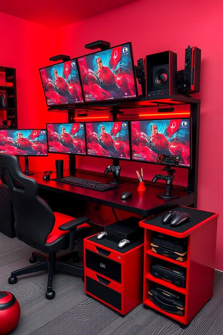 Strategic Multiplayer Battle Station - 24 Red and Black Gaming Setup Ideas