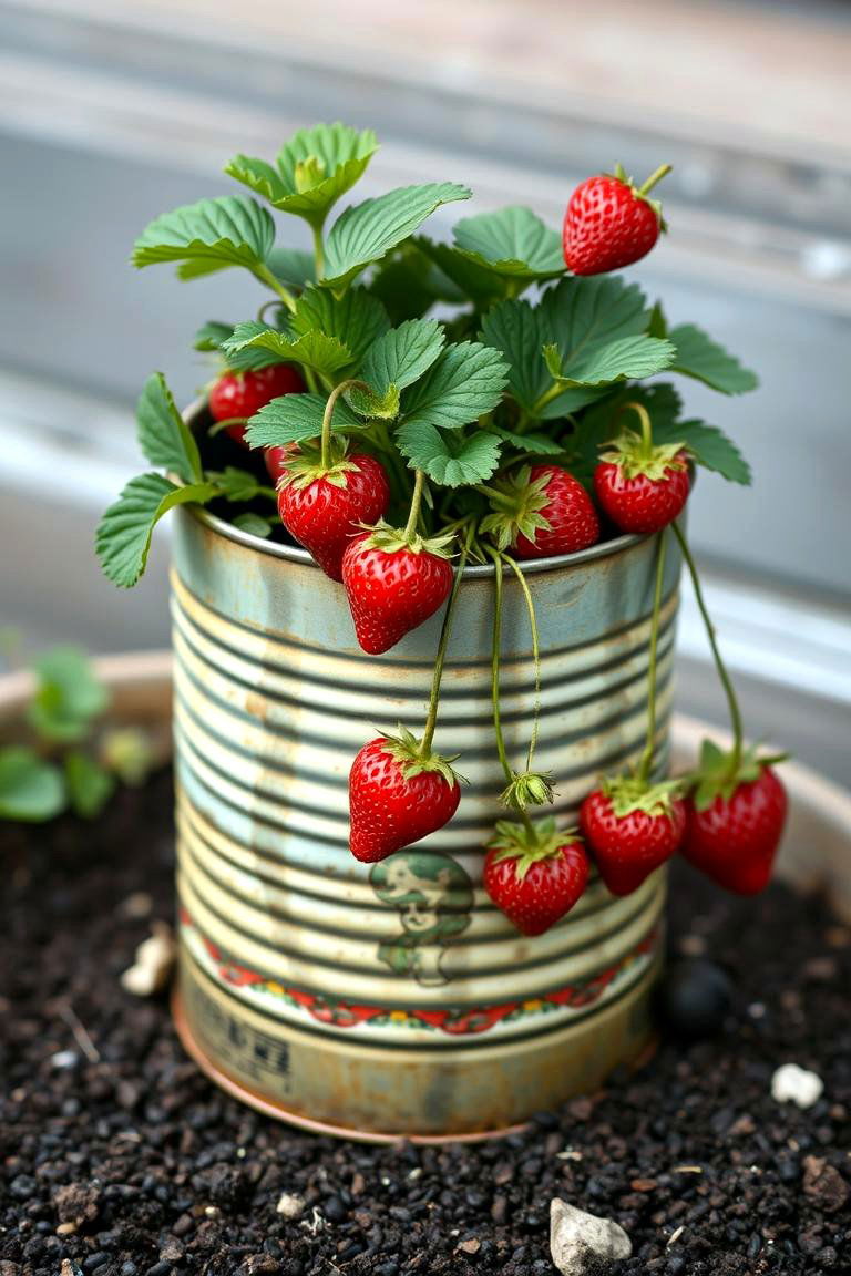Strawberry Planter in a Vintage Tin Can - 24 Strawberry Planter Ideas