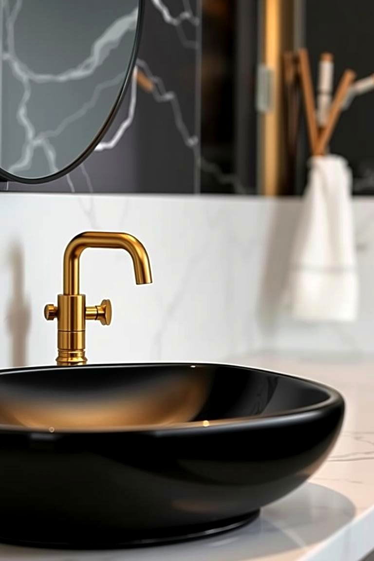 Striking Black Sinks with Gold Faucets - 24 Black and Gold Bathroom Ideas