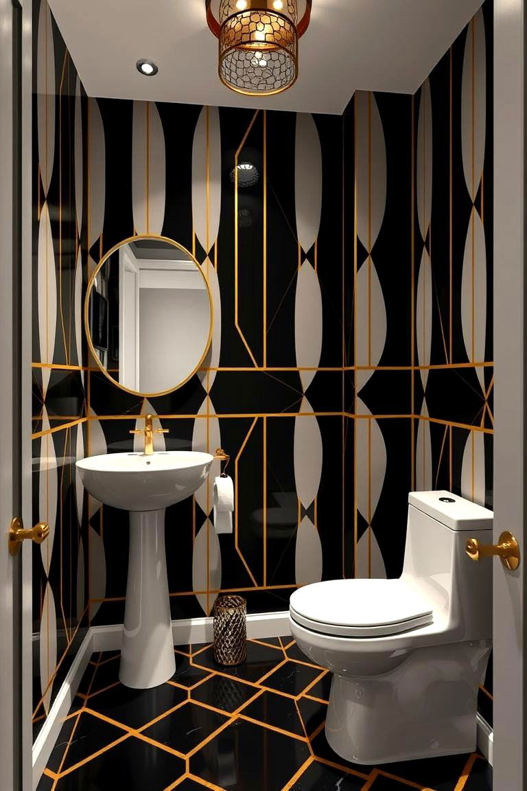 Striking Black and Gold Geometric Patterns - 24 black and gold powder room ideas