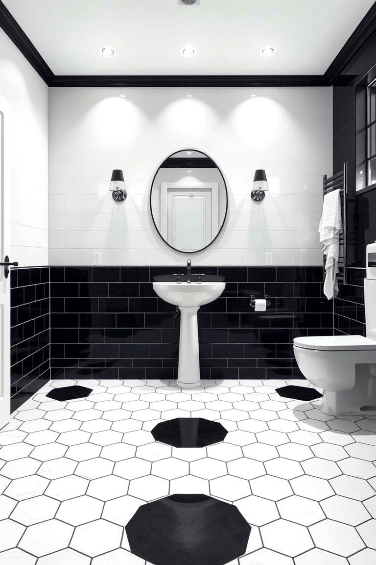Striking Black and White Contrast - 24 Bathrooms With Hexagon Tile Floors
