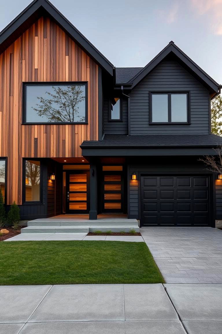 Striking Contrast of Black and Wood - 24 Black House With Wood Accents