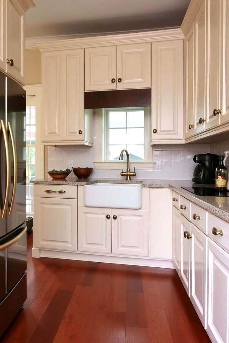 Striking Contrast with Light Cabinets - 24 Kitchen With Dark Wood Floors