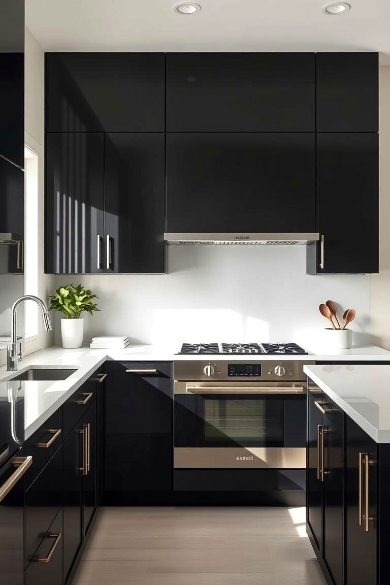 Striking Contrast with White Countertops - 24 kitchens with beautiful black cabinets