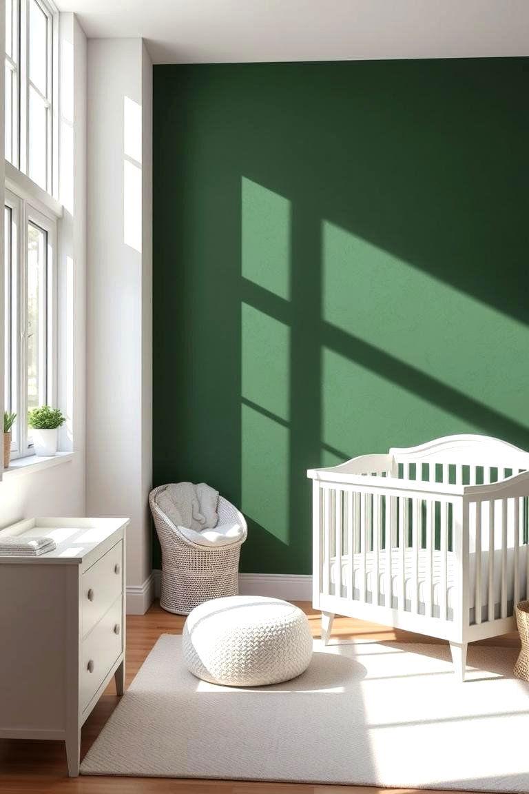 Striking Dark Green Accent Wall - 24 Dark Green Nursery Ideas