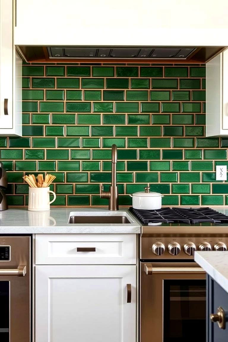Striking Green Backsplash Enhanced by Copper Grout - 24 Green and Copper Kitchen Ideas
