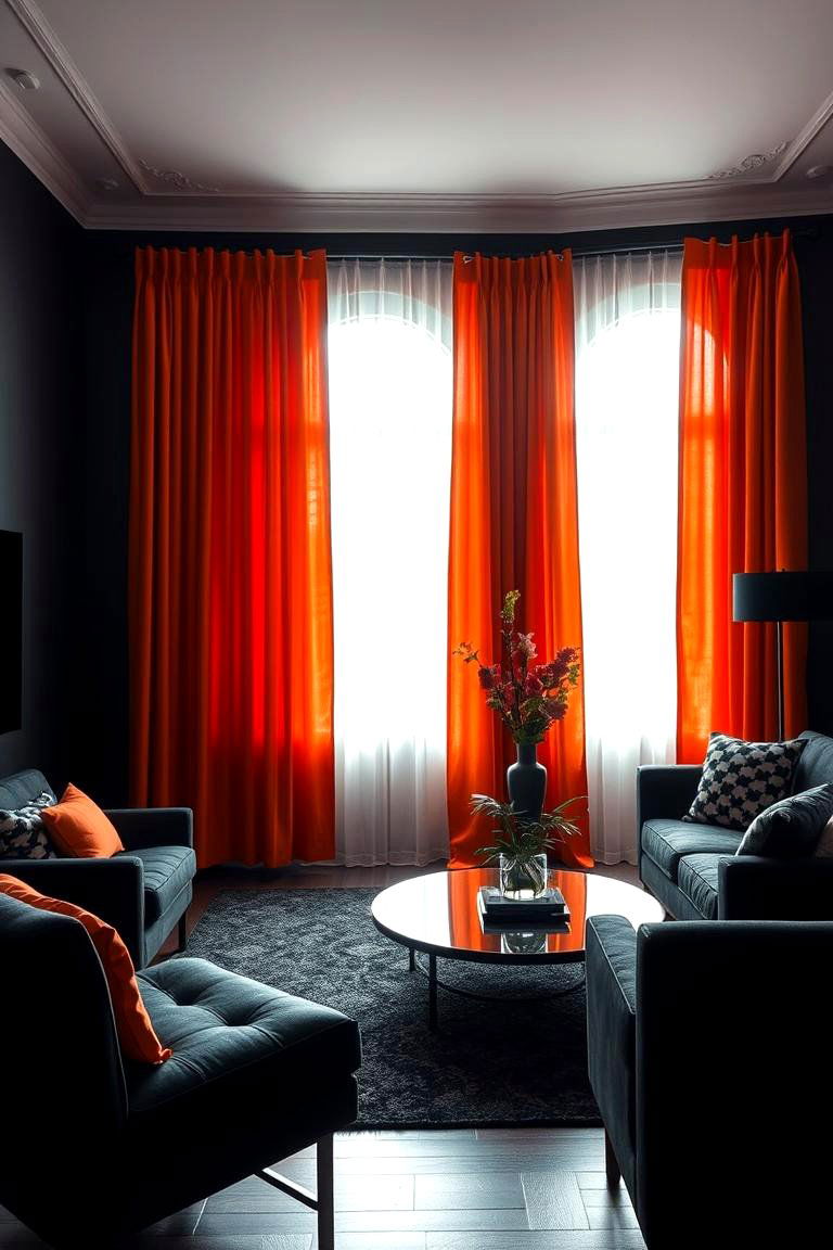 Striking Orange Curtains Framing a Black Setting - 24 Black and Orange Living Room Ideas