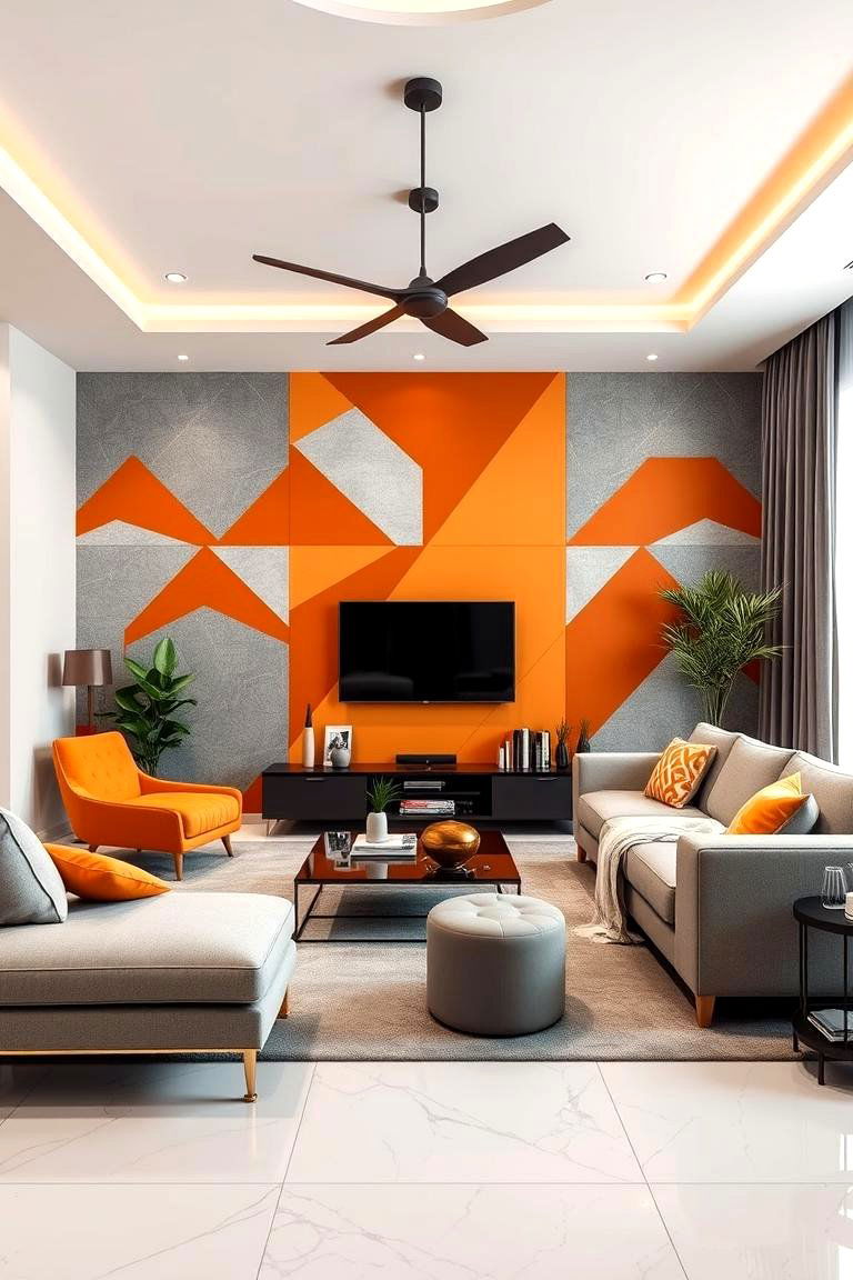 Striking Orange and Grey Geometric Designs - 24 Orange and Grey Living Room Ideas