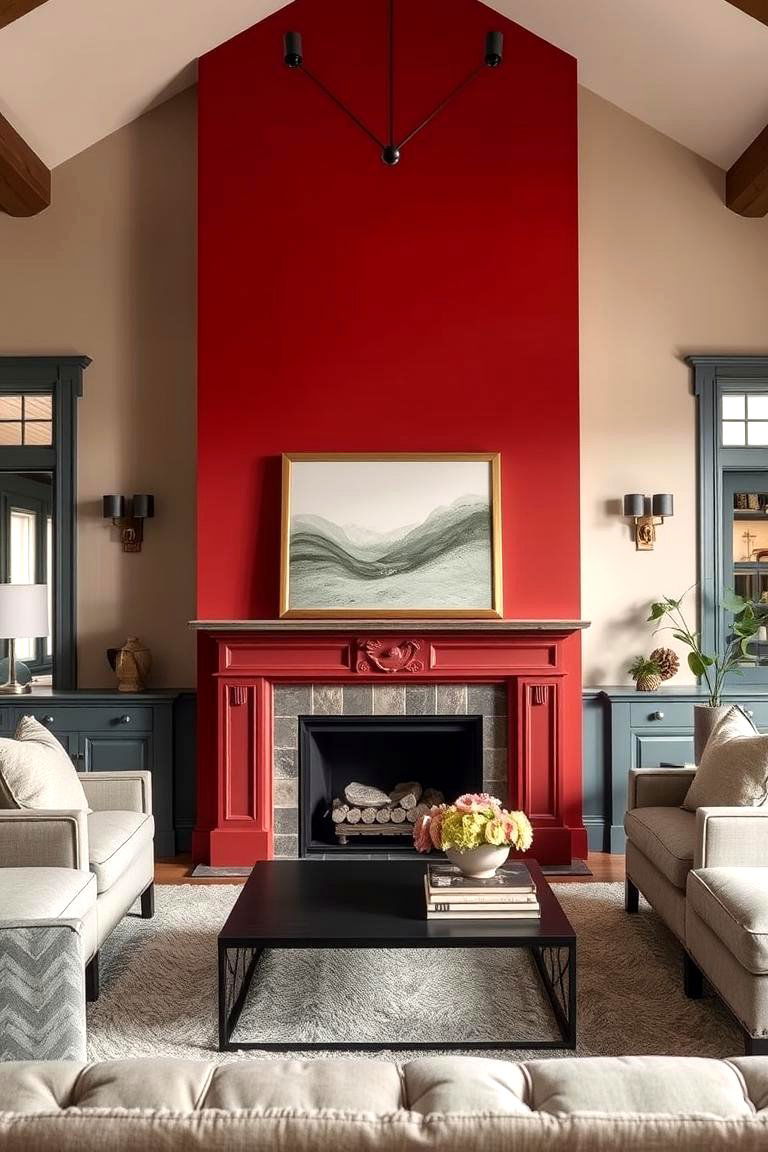 Striking Red Fireplace Surrounds with Grey Accents - 24 Red and Grey Living Room Ideas