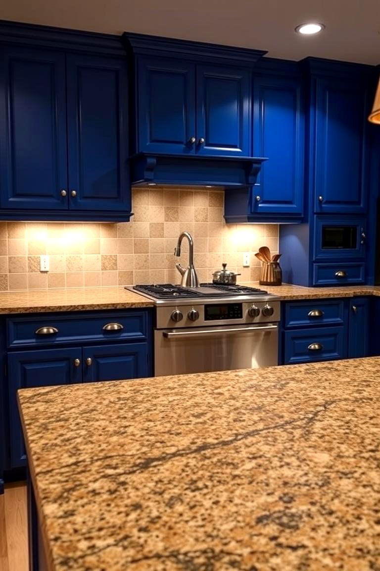 Striking Visual Appeal in Every Detail - 24 blue kitchen cabinets with brown granite countertops