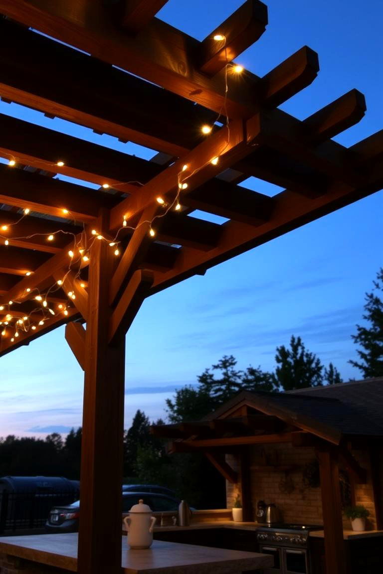 String Lights Wrapped Around Beams - 24 Rustic Outdoor Kitchen Ideas