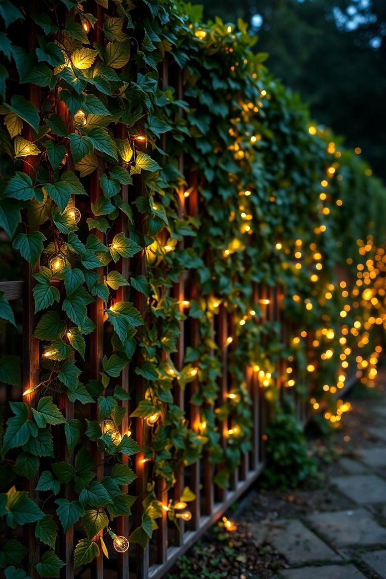 String Lights and Climbing Vines - 24 Simple Fence Line Landscaping Ideas
