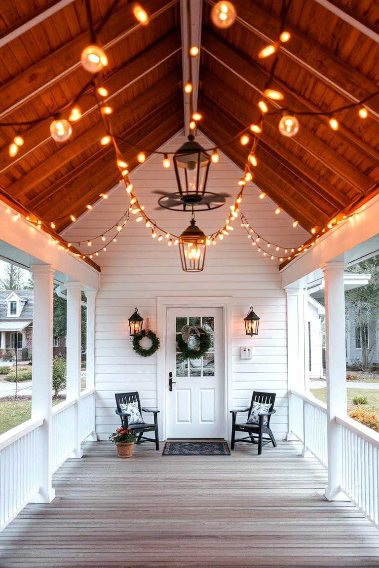 String Lights for Ambiance - 24 White Farmhouse With Wrap-around Porch Ideas