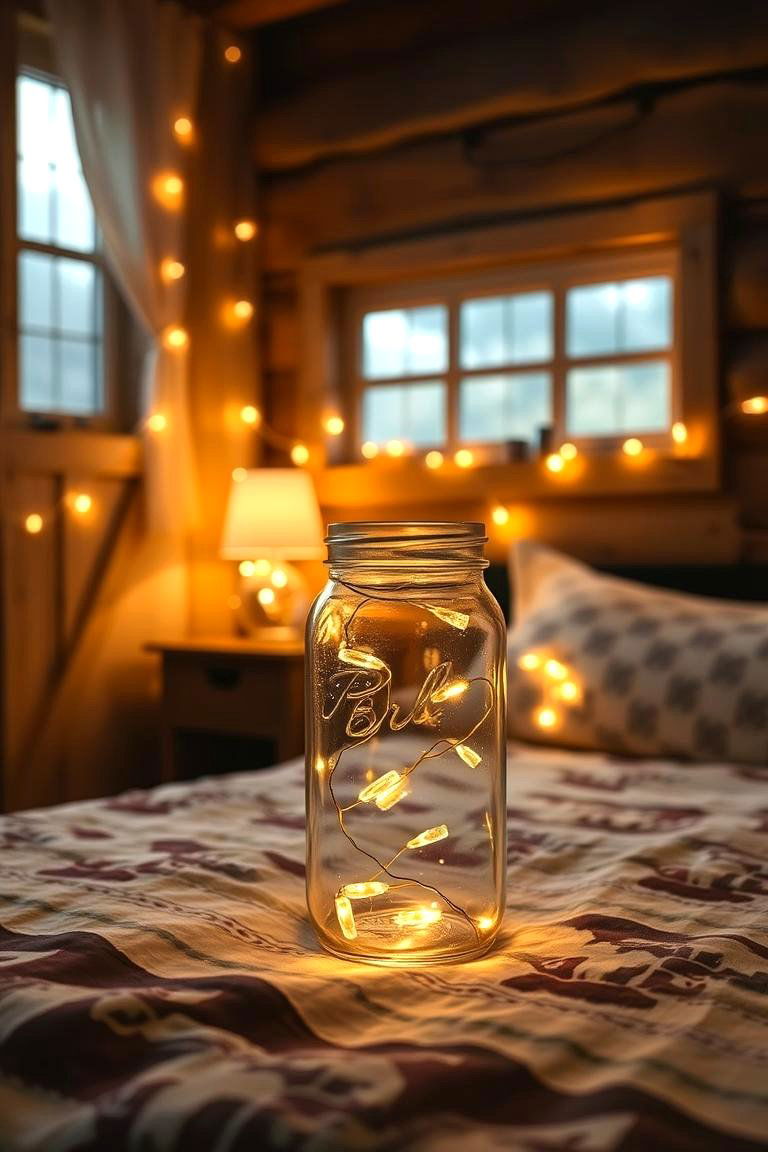 String Lights in Glass Jars - 24 Bedroom Lighting Ideas