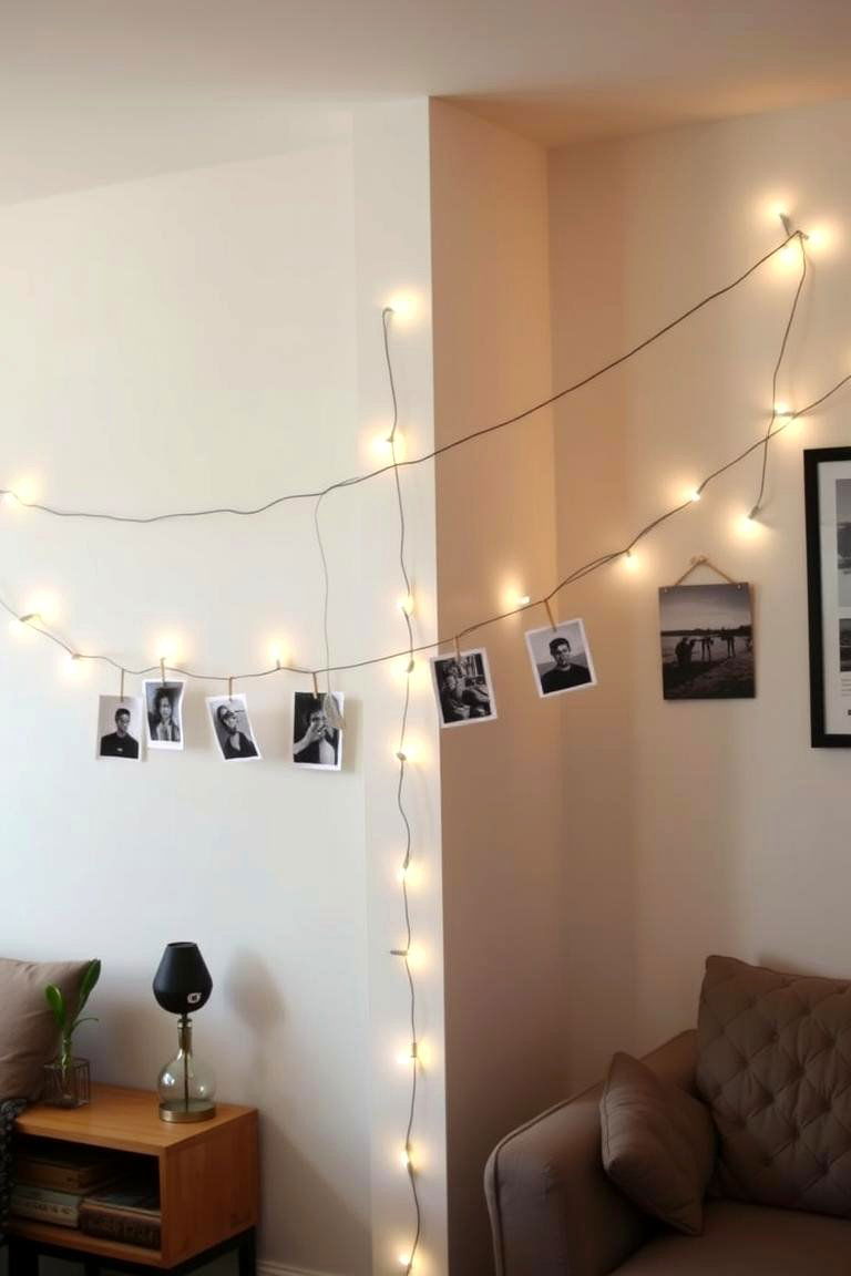 String Lights with Photos - 24 living room wall decor ideas