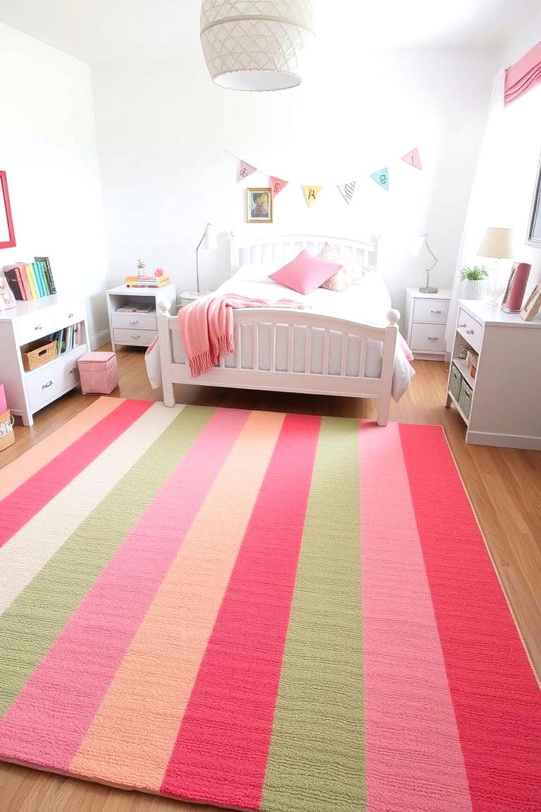 Striped Pink and Green Rug - 24 Pink and Green Bedroom Ideas