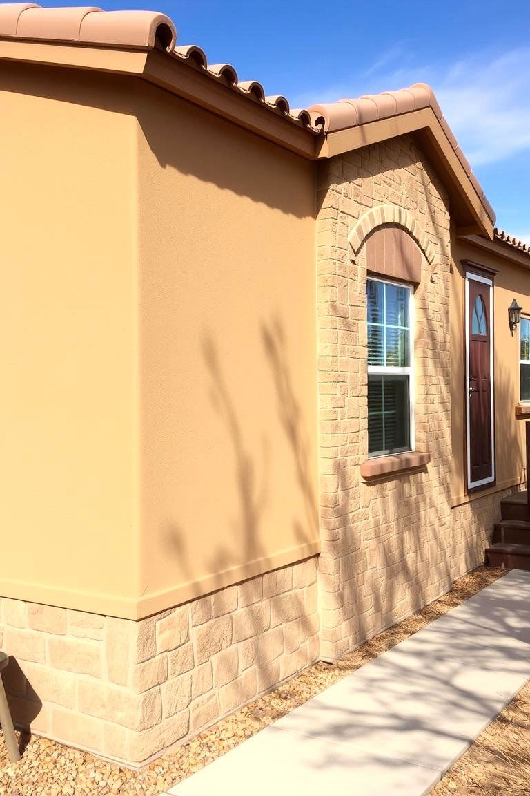 Stucco and Stone Combo for a Mediterranean Inspired Exterior - 24 Mobile Home Siding Design Ideas