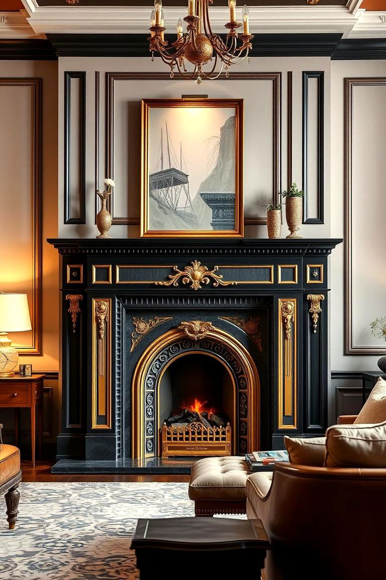 Stunning Black and Gold Fireplace Surround - 24 Black and Gold Living Room Ideas