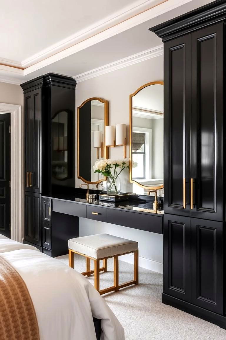 Stylish Bedroom Vanity with Gold Mirrors - 24 Black and Gold Bedroom Ideas